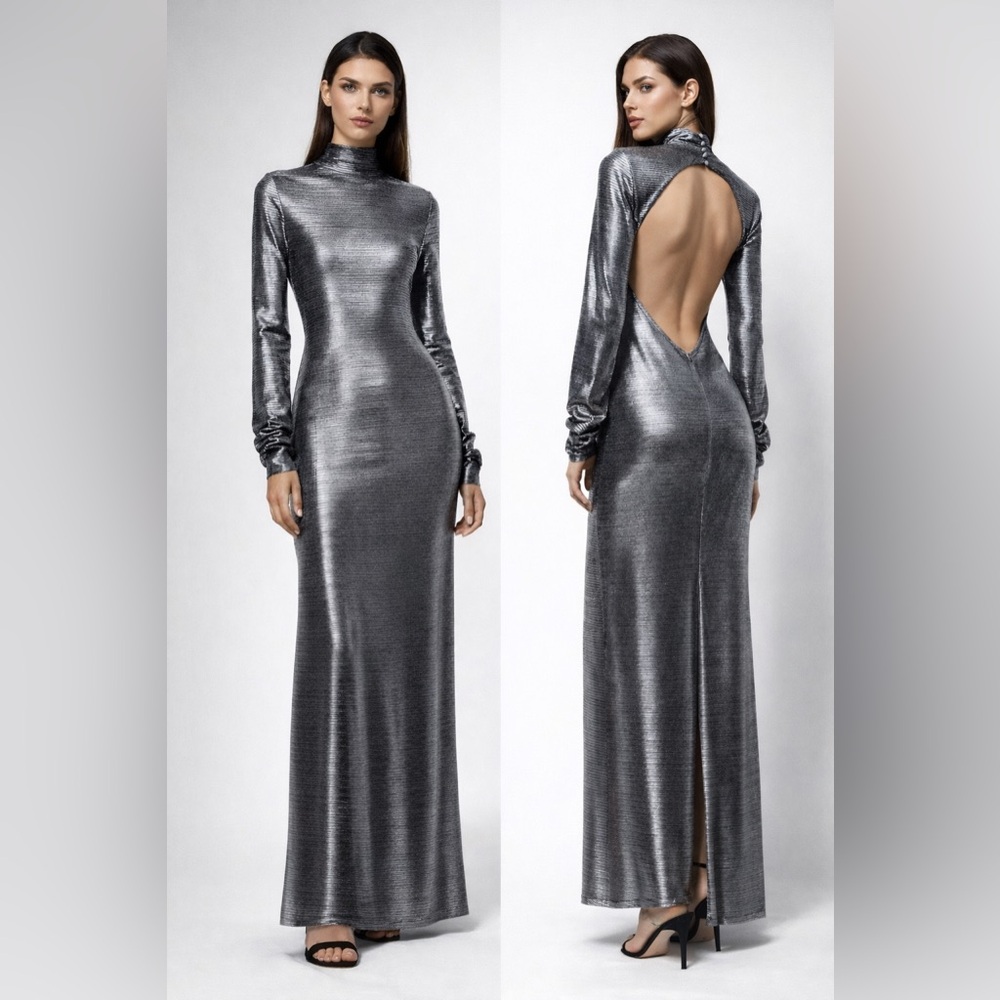 Free People Metallic Maxi Formal Dress Bodycon Open Back Silver Long Sleeve S